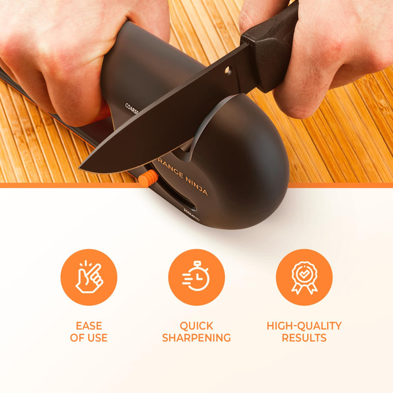 Orange Ninja 4-Stage Knife Sharpener & Serrated Knife Sharpener– Repairs, Sharpens & Polishes Blades with Ergonomic Non-Slip Grip