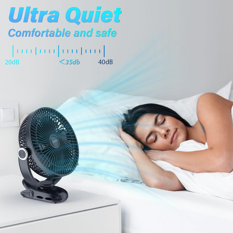 12000mAh Clip on Fan 30H Longest Runtime, 8in Portable Fan Rechargeable, Ultra Quiet with Heavy-Duty Clamp, USB Desk Fans for Golf Cart,Office Desk, Treadmill, Camping, Bedroom Classic Black