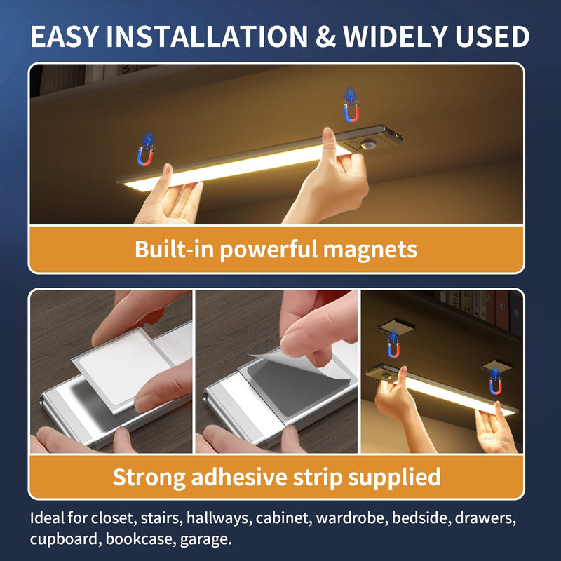 Under Cabinet Lights,76 LED Operated Motion Sensor Light Indoor,1500mAh USB Rechargeable Closet Lights, 2 Pack Magnetic Dimmable Closet Lights，Wireless Under Counter Lights for Kitchen, Stairs 2Pack-9.5inch