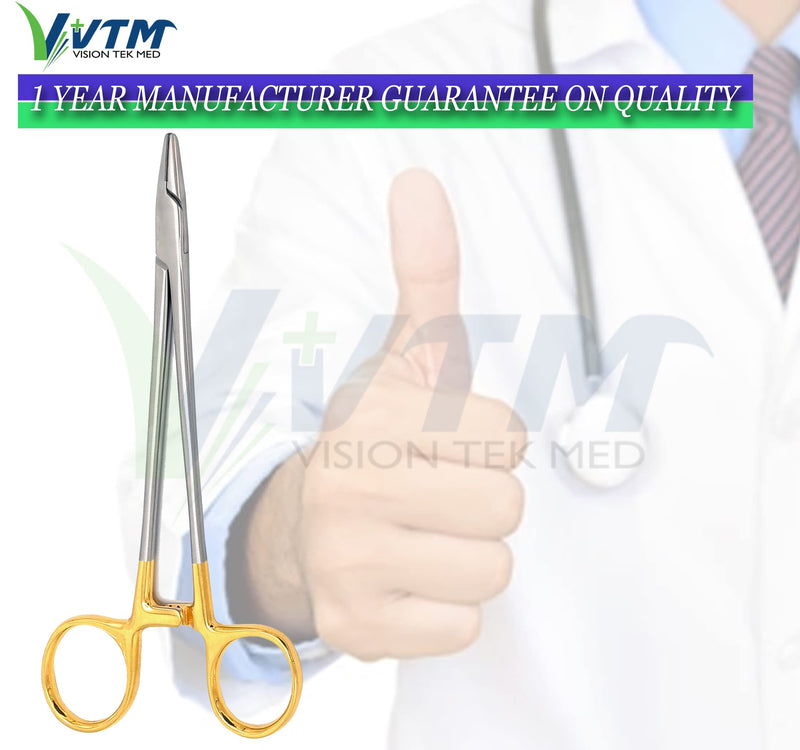 8 Inch TC Mayo Hegar Needle Holder Driver with Tungsten Carbide Inserts and Gold Rings Premium Grade Instrument