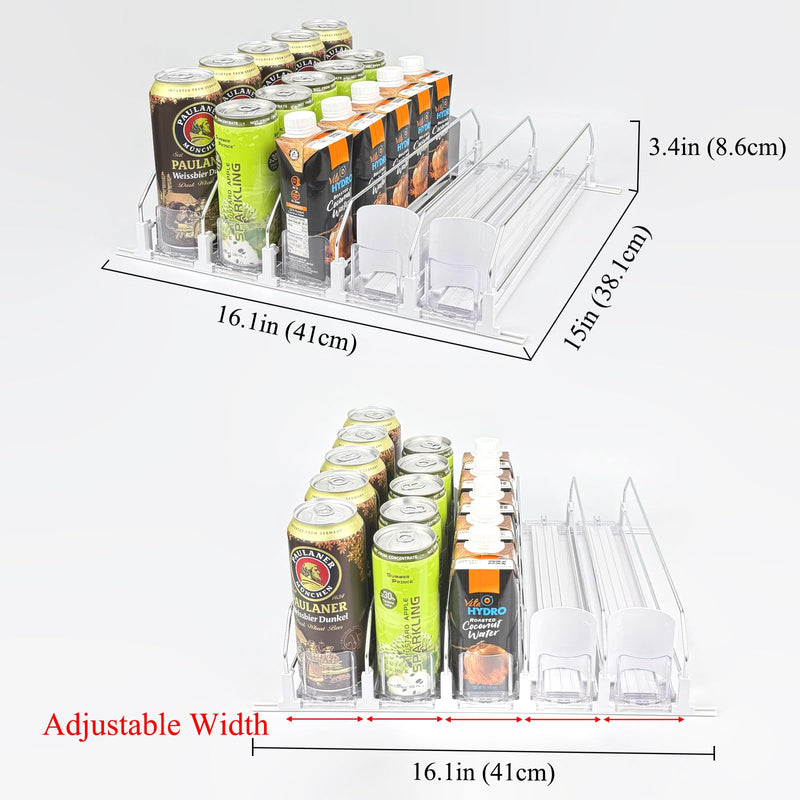 Drink Organizer for Fridge, Self Pushing Soda Can Dispenser for Refrigerator, Automatic Beverage Pusher Glide Beer Water Bottle Holder -5 Rows, White 15" D × 16.1"W × 3.4"H - 5 Rows