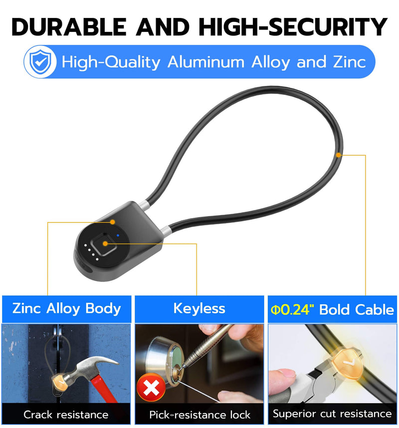 Fingerprint Cable Lock, Anweller 14" Long Shackle Keyless Entry Biometric Waterproof Bluetooth Smart Combination Padlock for Gate Outdoor Fence Fridge Cabinet Locker Pool Yard Pantry Bike - Black Back