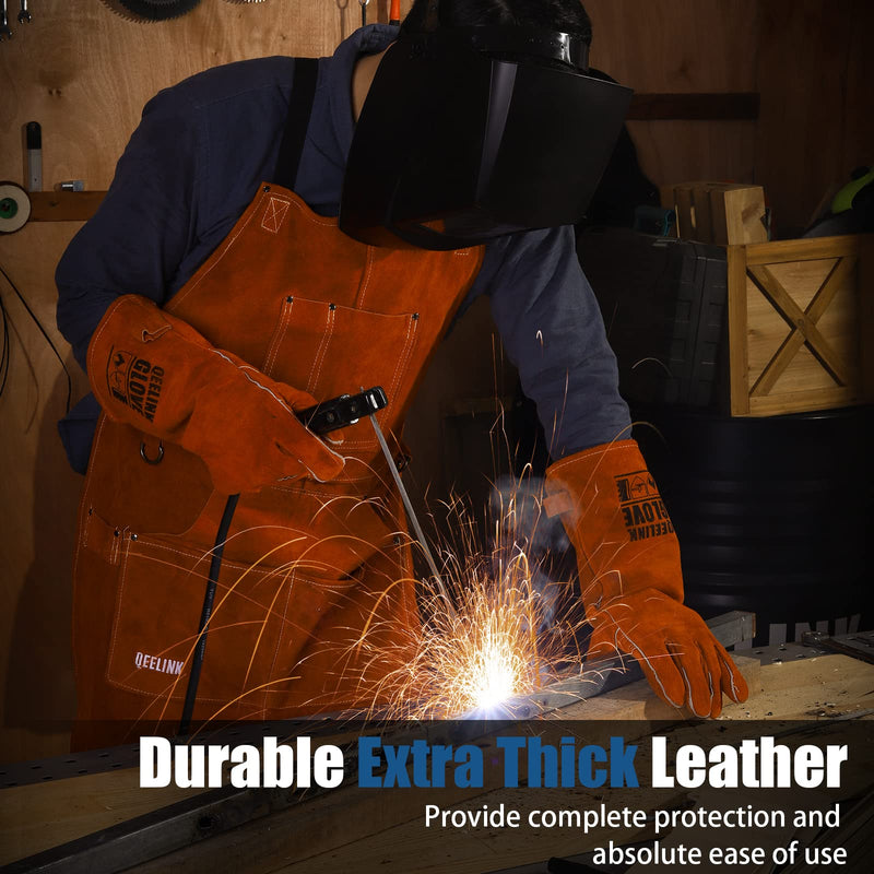 QeeLink Leather Welding Work Apron with 6 Tool Pockets, Heat & Flame Resistant Apron, 24" x 36", Adjustable M to XXXL Brown