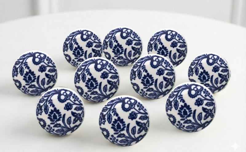 Beautiful Blue and White Ceramic Knobs - Set of 10 Decorative Floral Print Round Knobs Kitchen Cabinet Drawer Knobs | Elegant Wardrobe & Dresser Pulls with Glossy Finish (1.5-Inch Diameter)