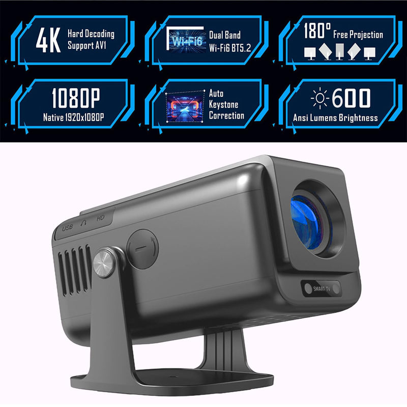 Mini Projector with Wifi 6 and Bluetooth 5.3, Portable Projector with 600 ANSI Lumens/ 5W Speaker/150“ Screen/Auto Keystone, 4K Movie Proyector for Outdoor Use, Home Cinema Smart Projector with APPS