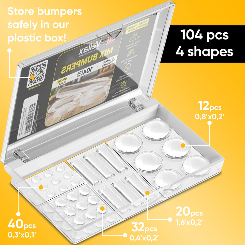 104-Piece Cabinet Bumper Set - Clear, Self-Adhesive Rubber Pads for Cabinet Doors, Cupboards, and Kitchen Cabinet Protectors – Dampen Noise & Protect Surfaces 104
