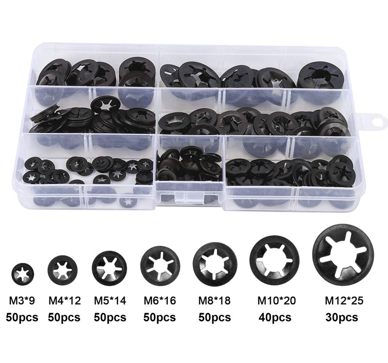 7 Sizes 320PCS Internal Tooth Starlock Washers,Quick Speed Locking Washers, Push On Retainers Clips,Push On Nut Fasteners Assortment Kit for Shaft and Stud,65Mn Spring Steel,Black Oxide Finish
