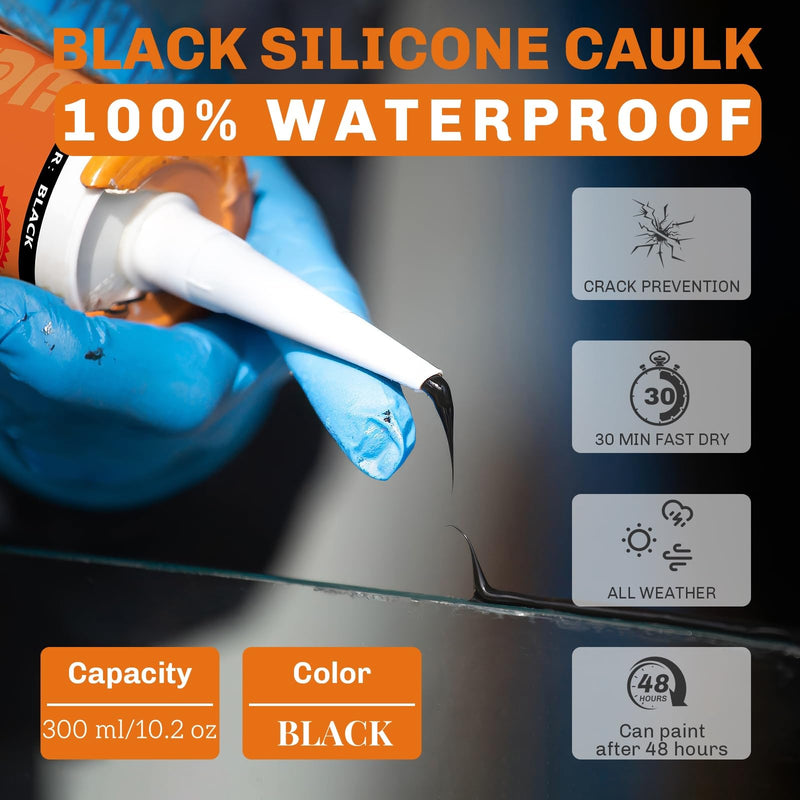WELLUCK Black Silicone Caulk, 100% Waterproof Silicone Sealant Adhesive Caulking,for RV, Kitchen,Bathroom, Window, Door, Glass,10.2FL.OZ/300ML（1 Pack） 1