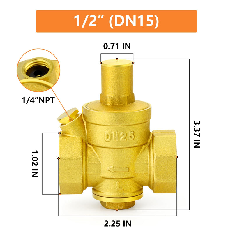 GASHER Brass 1/2" Pressure Regulator Adjustable,Water Pressure Reducer Kit, Pressure Relief Valve For RV Camper Travel,Water Heater,Solar And Home