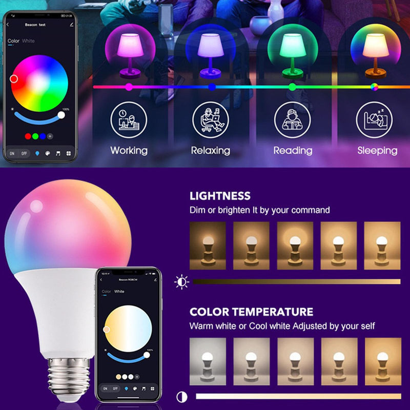4 Pack Smart Light Bulbs,WiFi & Bluetooth LED Light Bulb That Works with Alexa & Google Home, Color Changing Light Bulb, 10W A19 E26 2.4Ghz WiFi Light Bulbs 60 watt Equivalent, 800lm Dimmable 4 Pack Wifi&bluetooth