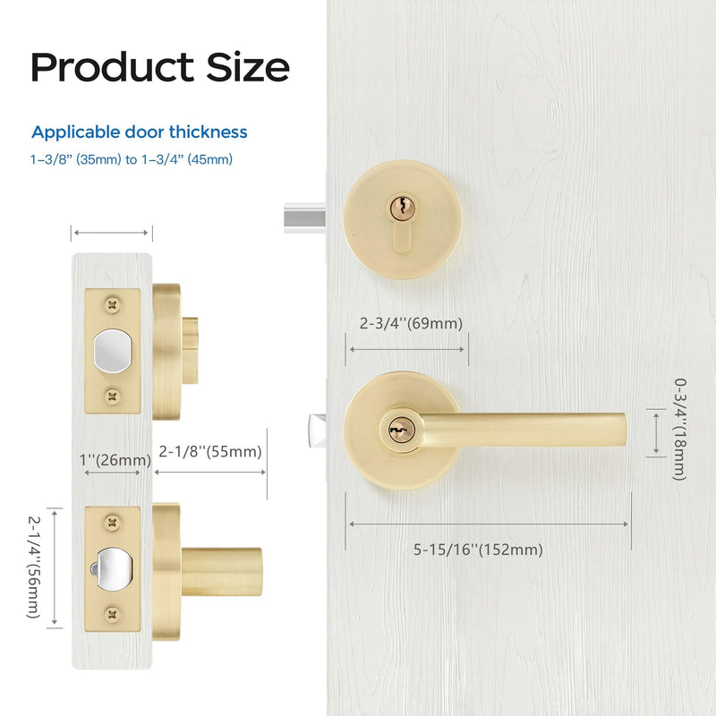 Leydebong 1 Pack Gold Heavy Duty Entrance Lever Door Handle (for Office and Front Door) Reversible for Right and Left Side Single Keyed Square Deadbolt Lock Set, Finish in Satin Brass Single Keyed Deadbolt Lockset (Keyed Alike)