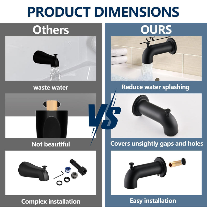 Slip-On Tub Spout with Diverter Long for Bathtub Spout, Fit for 1/2 Inch Slip Pipe, Matte Black