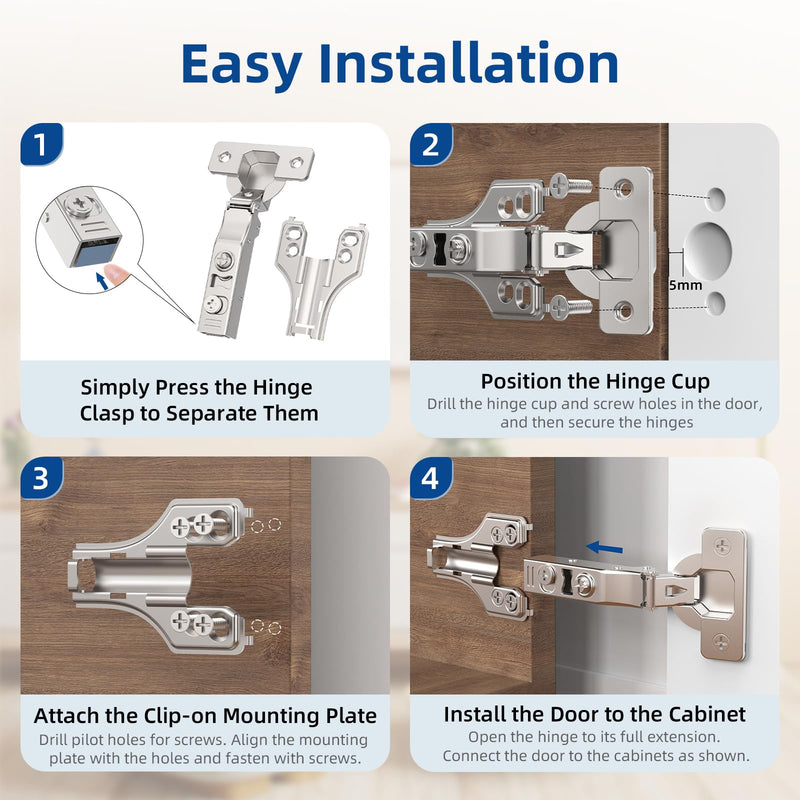 Chibery 20 Pack 3/4" Full Overlay Soft Close Concealed Hinge for Face Frame ＆ Frameless Door, 3D Adjustment, Clip-on Plate, Slow Self Closing Hidden Satin Nickel, 105° Stainless Steel Hinges, 5/8"