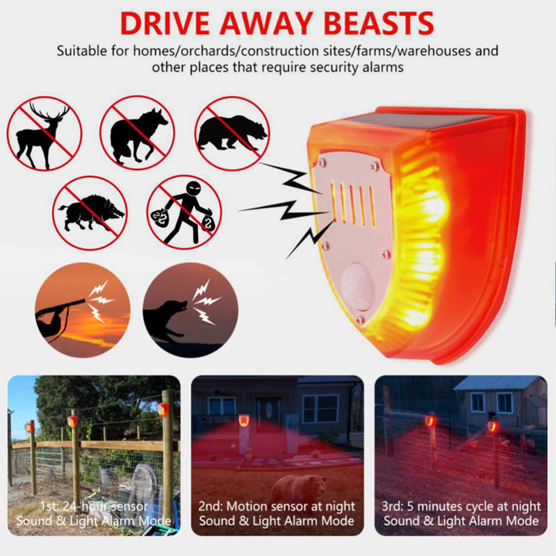 keeda Solar Security Light Alarm, 129dB Warning Loud Solar Strobe Light Makes Gunshot Sounds & Dog Barking Waterproof PIR LED Motion Sensor for Farm Barn Yard (2 Pack) 2 Pack
