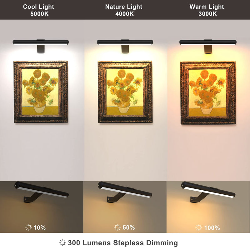 Rechargeable Picture Light with Remote,Wireless Battery Painting Light with 3 Lighting Colors,Art Light Display Lamp with Dimmable Timer, Full Metal Picture Light for Picture Gallery Dart Black-1pack 13inch