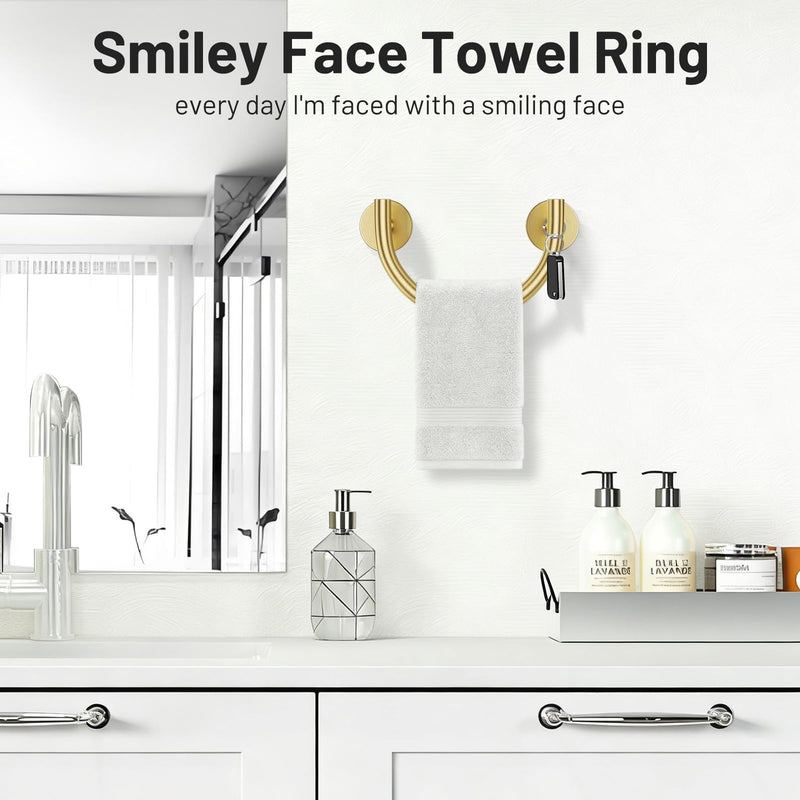 Brushed Gold Smiley Face Towel Ring Bathroom Hand Towel Holder Stainless Steel Wall-Mounted Bathroom Hardware Accessories Towel Rack Brushed Gold