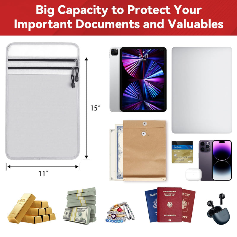 Upgraded Two-Pocket Fireproof Document Bag - Kanhiro 2192℉ Fireproof & Water-Resistant Money Bag with Zipper, Important Document Organizer for Passport, Cash, Valuables, Legal Files Safe 15'' x 11''