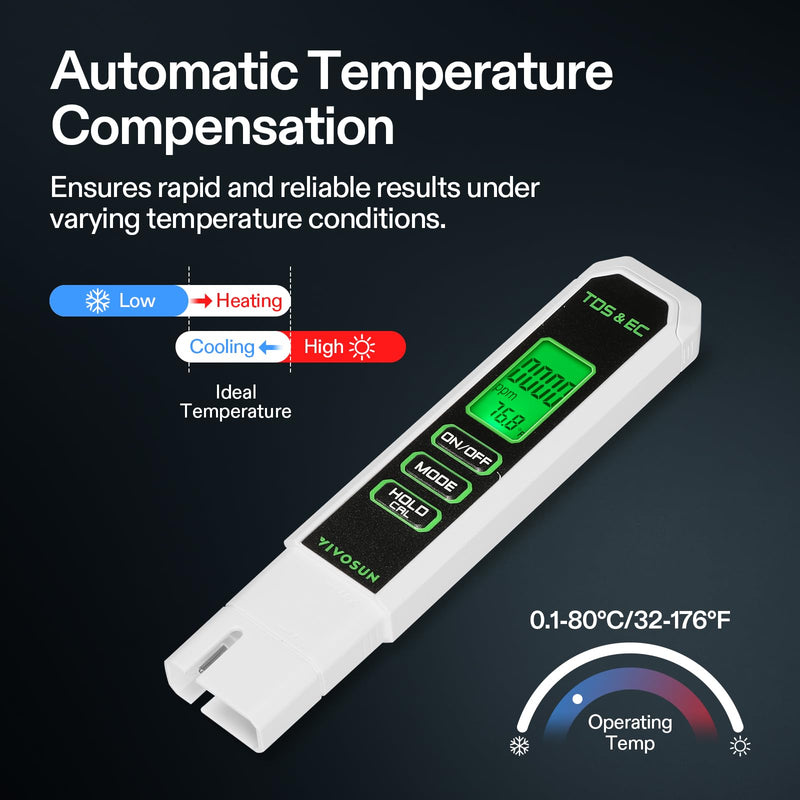 VIVOSUN TDS Meter, 3 in 1 TDS, EC & Temperature Meter, Accurate Digital Water Quality Tester for Drinking Water, Aquarium, Hydroponics, RO/DI System, Swimming Pool, White