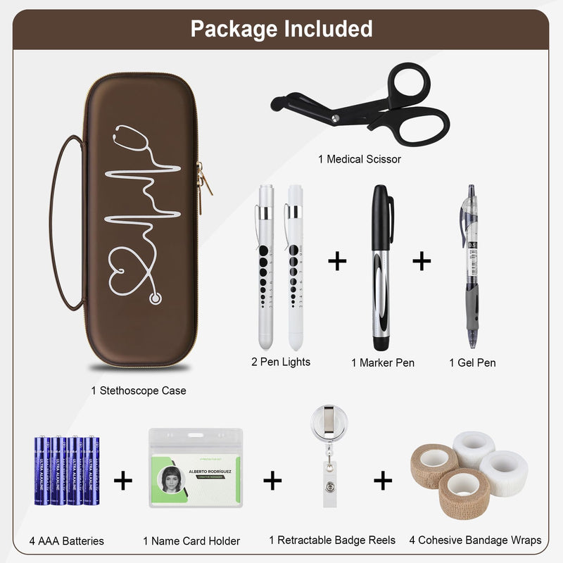 BOVKE 15 Pcs Stethoscope Case Nurse Accessories Kit, Includes Stethoscope Case, Medical Scissor, 2 Penlights with Batteries, Bandage Wraps, Name Card Holder for Nursing School Tool Set, Brown W_Brown