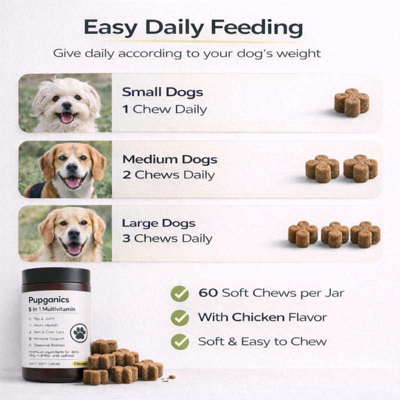 Pupganics Multivitamin Soft Chews for Dog, Dog Vitamins and Supplements for Immune System, Joint Support, Skin, Gut Health, with Probiotics, Glucosamine, Vitamin A/D3/E, Chicken Flavor, 60 Count (1) 1