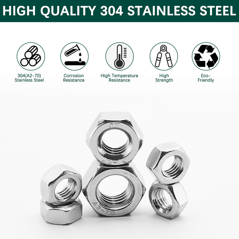 Metric Hex Nuts Assortment Kit, 330 PCS 304 (A2-70) Stainless Steel Assorted Hardware Nuts Sets, 7 Sizes-M3 M4 M5 M6 M8 M10 M12 Metric 330PCS