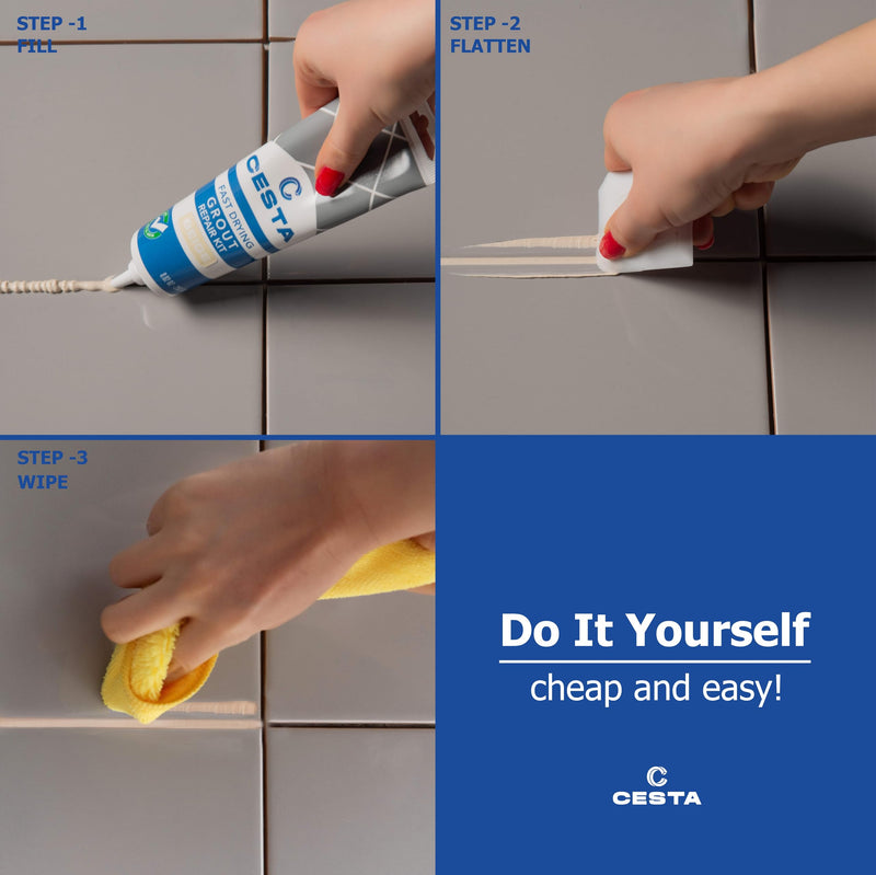 Cesta Tile Grout Repair Kit – Squeeze Tube, Fast Drying, Waterproof Tile Grout Paint to Restore & Renew Tile Joints Line for Bathroom, Kitchen, Shower & Floor Tile (Beige, 8.8 oz) Beige