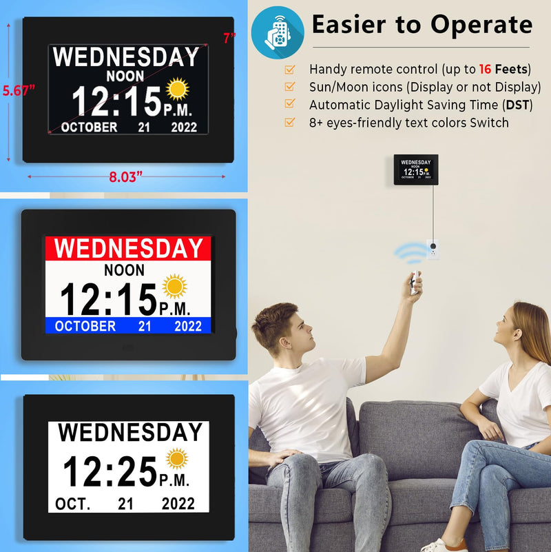 MASSII 19 Alarms Digital Talking Clock with Loud Voice Time Date, Auto DST, 20 Custom Reminders, 10-Level Dimmer, Sleep Trainer, Speaking Day Date Calendar Clock for Seniors Dementia- with Remote 7" Hd Black