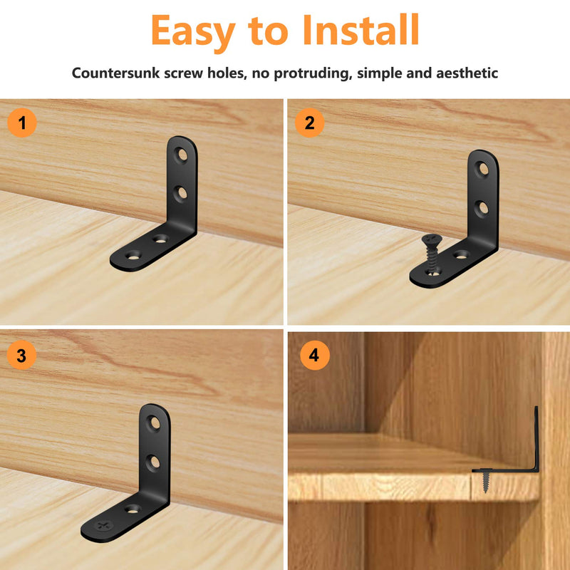Blingstar L Bracket Stainless Steel Corner Brace 16 Pcs 1.57x1.57 Inch Joint Right Angle Bracket 90 Degree Corner Fastener for Wood Furniture Bedframe Cabinet Drawer Chair, with 64 Pcs Screws, Black 16Pcs