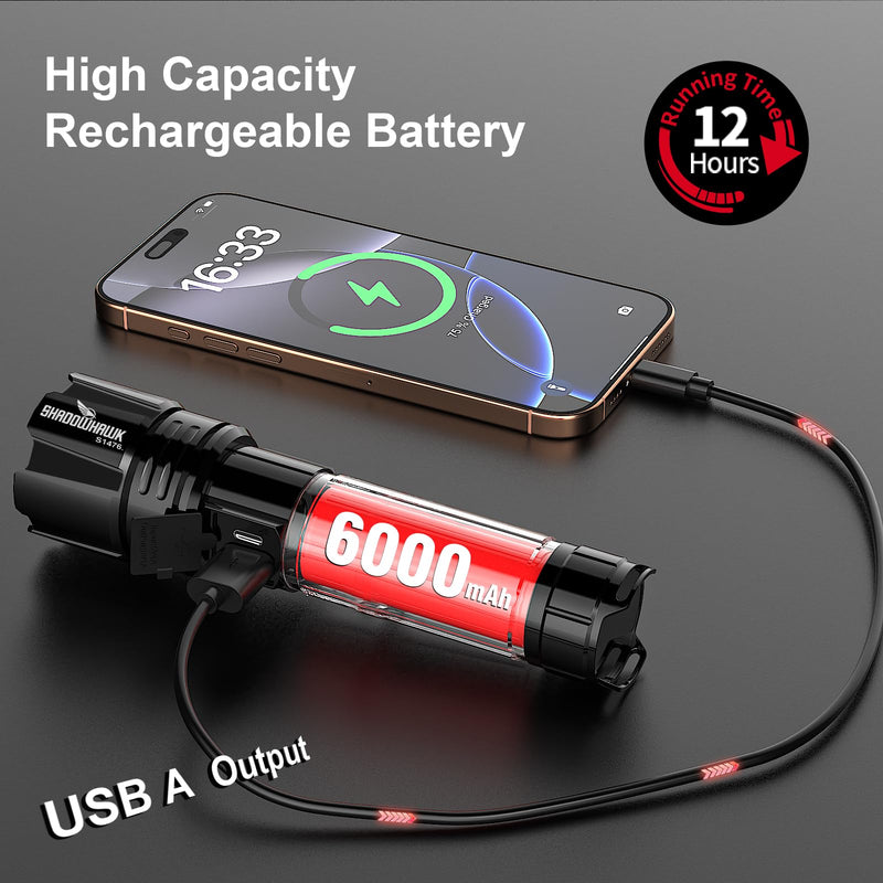 Flashlight 10000 High Lumens Rechargeable - 30W Super Bright LED Flash Light | 5000ft Beam & 12H Long Lasting USB C High Powered Handheld Police Flashlight for Home, Camping, Hiking, Emergency Black