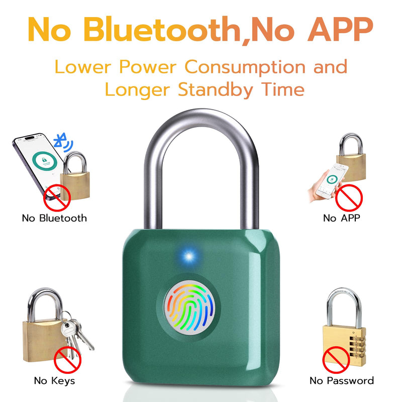 Pothunder Fingerprint Padlock, Smart Metal Keyless Fingerprint Lock, Waterproof, USB Rechargeable, for Gym, School, Luggage, Backpack, Suitcase, Green