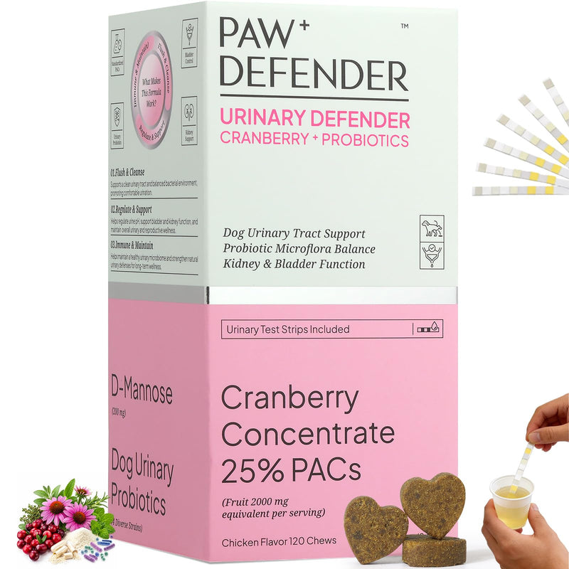 Dog UTI Treatment, Cranberry Supplement for Dogs, Urinary Tract & Bladder Incontinence Support with Natural Cranberry Extract & D-Mannose & UT Probiotics, Includes 10 Urine Test Strips, 120 Chews