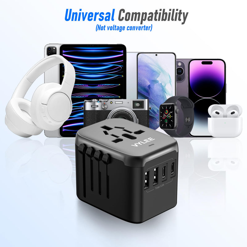 Universal International Power Travel Plug Adapter, 5 in 1 European Travel Plug Adapter W/ 3.5A 2xUSB-A and 2xUSB C Wall Charger and Worldwide AC Outlet for Europe USA UK AUS Asia (Black Grey) Regular Black Grey