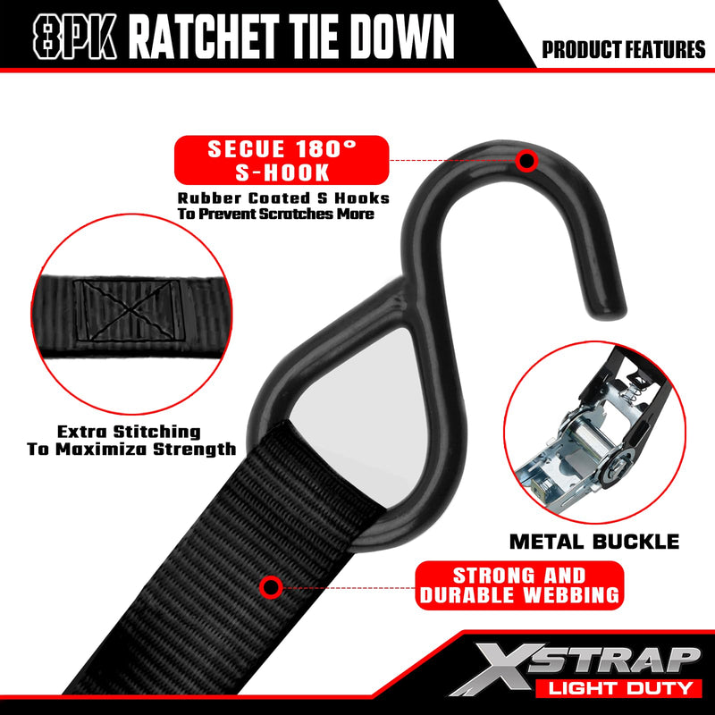 XSTRAP STANDARD Ratchet Tie Down Straps 8PK 1'' x 10 ft - 900 LB Break Strength Cargo Straps for Moving Appliances, Lawn Equipment, Motorcycle (Black) 8pk 1inchx10ft Black