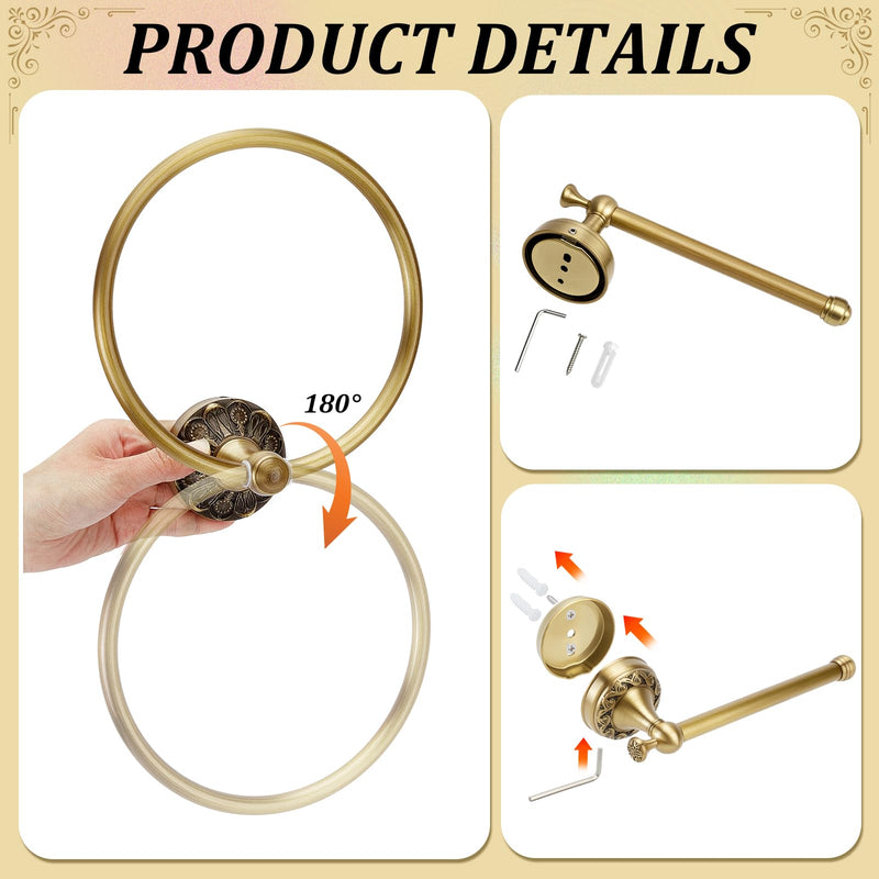 2 Pieces Set Antique Brass Toilet Paper Holder Brass Hand Towel Ring Tissue Roll Paper Hanger Round Hand Towel Holder Wall Mounted Bathroom Hardware Accessories Set(Round)