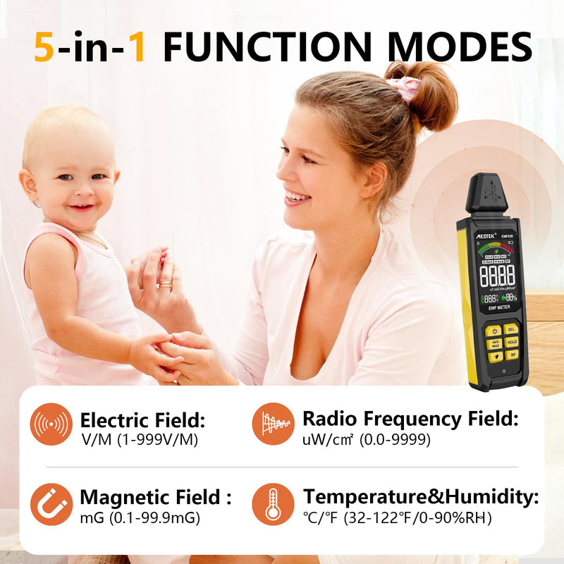 EMF Detector, MESTEK 5 in 1 EMF Meter Radiation Detector, Electric Field, Radio Frequency Field Temperature, Magnetic Field Strength Meter, Rechargeable EMF Reader Home EMF Detection and Ghost Hunting EMF02R-Yellow