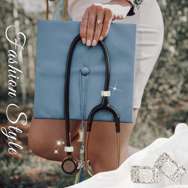 Stethoscope Charms for Nurses, 2PCS Camellia Flower Rhinestone Stethoscope Jewelry, Elegant White Floral Stethoscope Accessories, Compatible with Littmann, Graduation, Mother’s Day Gift