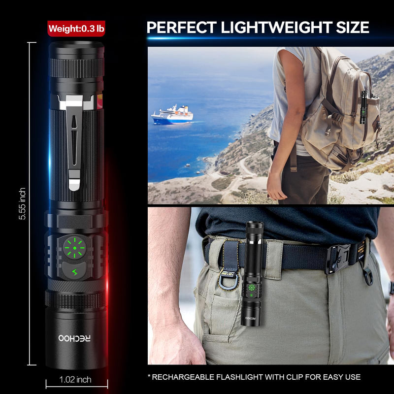 RECHOO Flashlights USB Rechargeable 2 Pack Double Switch S3000L LED Tactical Flashlight High Lumens Super Bright 5 Modes Zoomable Waterproof Flashlight for Camping, Emergency