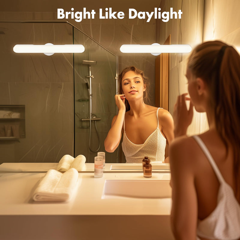 2 Pcs Wireless Vanity Makeup Lights for Mirror, Rechargeable LED Stick On Light Bar for Vanity Desk with 3 Color Temp&Adjustable Brightness, Long Battery Life Cordless Light for Large Bathroom Mirror 2
