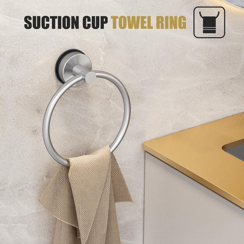 BKV Suction Cup Towel Ring,Hand Towel Holder for Bathroom,Stainless Steel Heavy Duty Round Towel Hanger for Bath,Kitchen-Brushed Nickel Silver