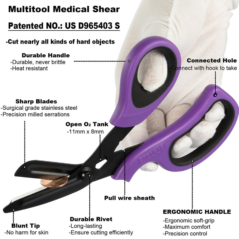 MEUUT 3 Pack Medical Scissors and penlights for Nurses with Four Batteries-One 8" Patented Trauma Scissor Bandage Scissor Two LED Pen lights for Nurse Doctor EMT First Aid Purple Scissor+purple&pink Penlight