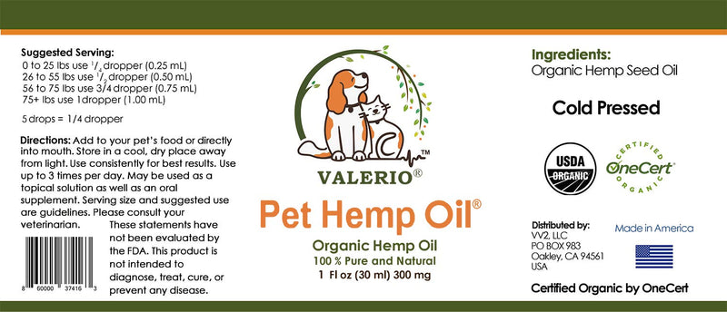 Valerio Pets Hemp Oil for Dogs and Cats - 1 Oz - Hemp Oil Drops with Omega Fatty Acids - Hip and Joint Support and Skin Health 1 Pack (1oz)
