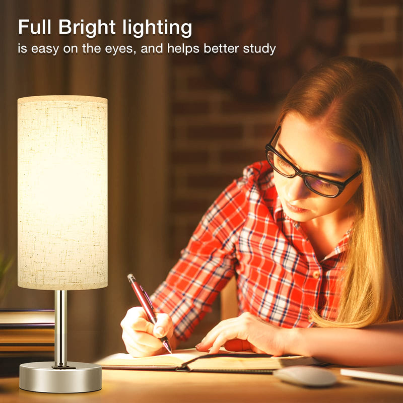 Touch Table Lamp for Bedroom Nightstand - Bedside Lamp with USB-C USB-A Charging Ports White, 3 Way Dimmable Small Lamp Fabric Shade Silver Base for Bedroom, Dorm Room, Office, Living Room, Reading 14in Cream