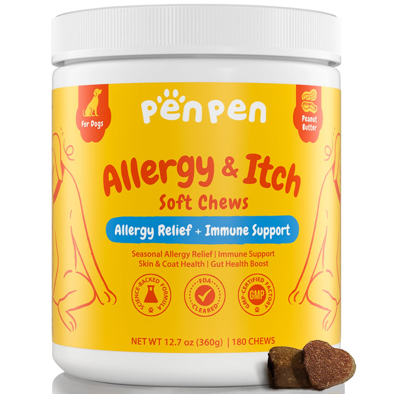 PENPEN Dog Allergy Relief Chews, Dog Itching Skin Relief, Omega 3 for Dogs Itch Supplement, Relieve Seasonal Allergy, Provide Immune Support (Peanut Butter Chews, 180ct) 180 Chews