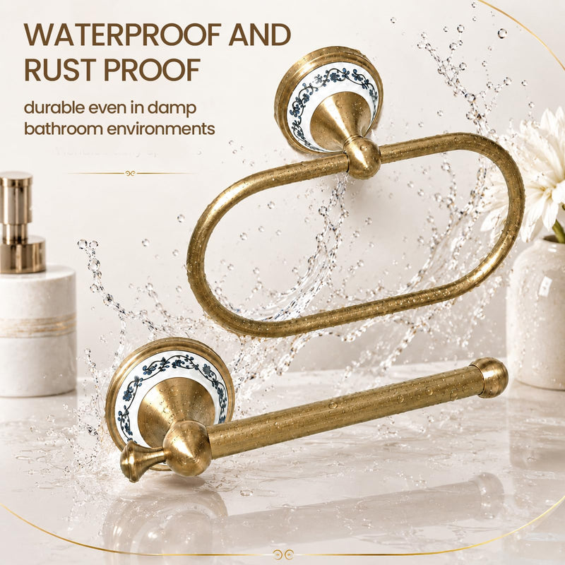 2Pieces Toilet Paper Holder & Brass Towel Ting, PrecisEdge Antique Brass Bathroom Hardware Set, Antique Gold Bathroom Accessories, Toilet Holder Hand Towel Holder Set, Powder Room & Home Decor Antique Blue and White Porcelain-2 Pcs