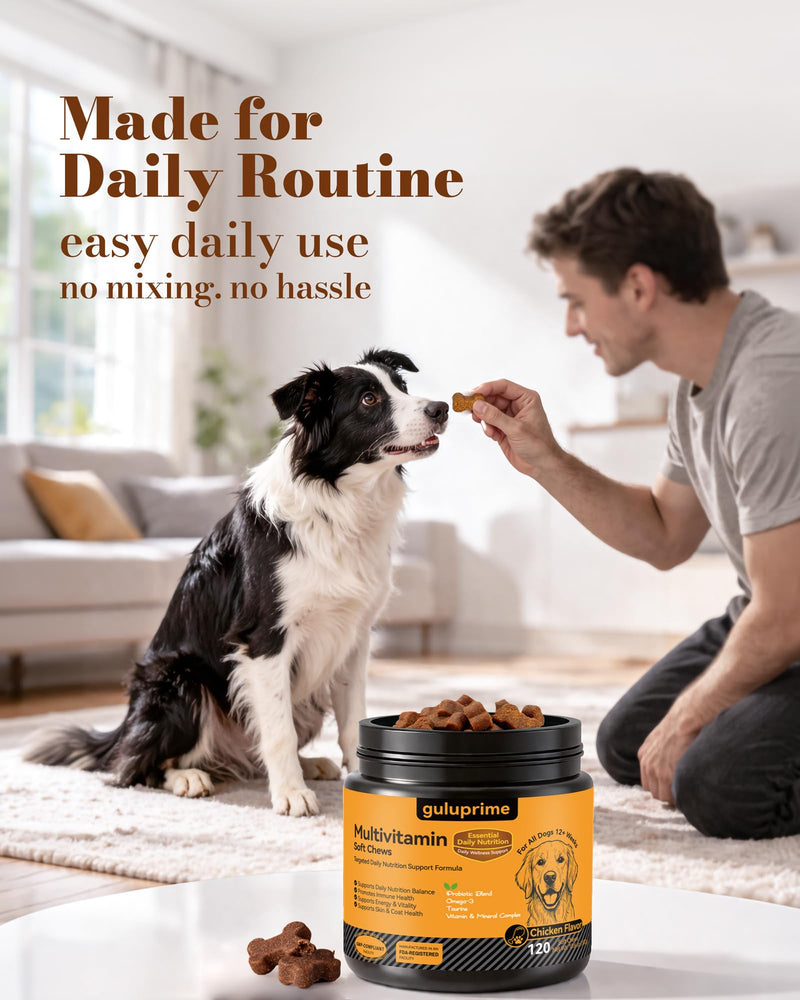 Dog Multivitamin Soft Chews – Daily Dog Vitamins & Supplements for Immunity, Skin & Coat, Digestion & Overall Wellness, Tasty Chewable Vitamins for Dogs, All Breeds & Ages, Chicken Flavor, 120 Chews