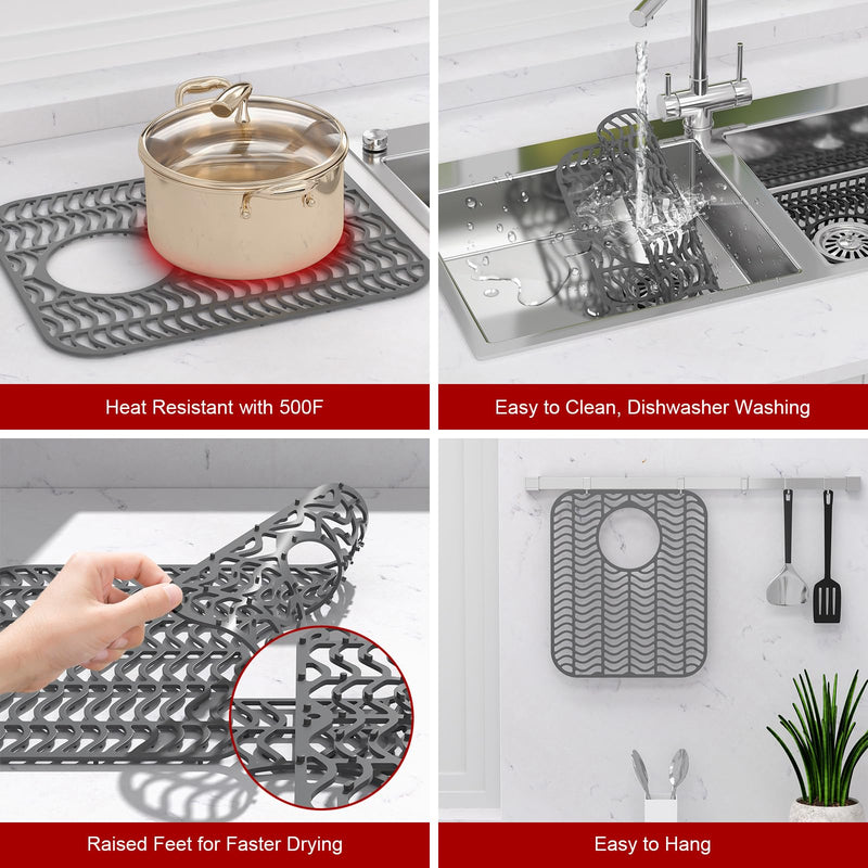 Kitchen Sink Mats, TOOVEM 2PCS Non-Slip Heat Resistant Silicone Sink Mats Protectors Kitchen Sink Mat for Bottom of Farmhouse Stainless Steel Porcelain, 13.58 x 11.6 Inch Gray