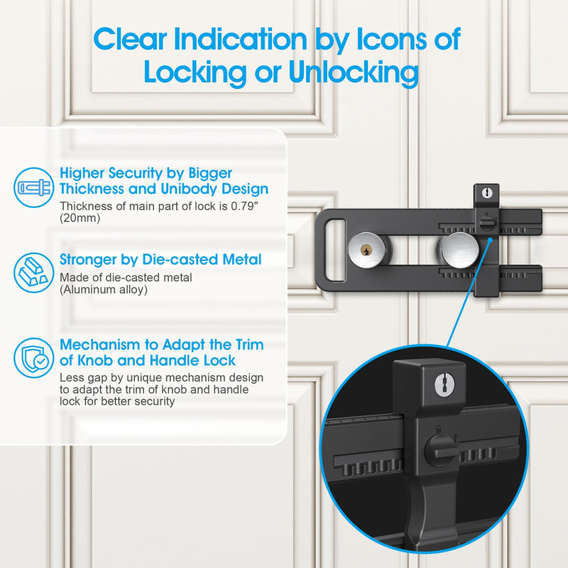 AST Double Door Lockout Device, French Door Reinforcement Lock with 3 Keys, Lockout to Double Door Knobset and Handleset, Childproof Door Lock, Premium Version (Matte Black with Key Alike) Matte Black with Keyed Alike