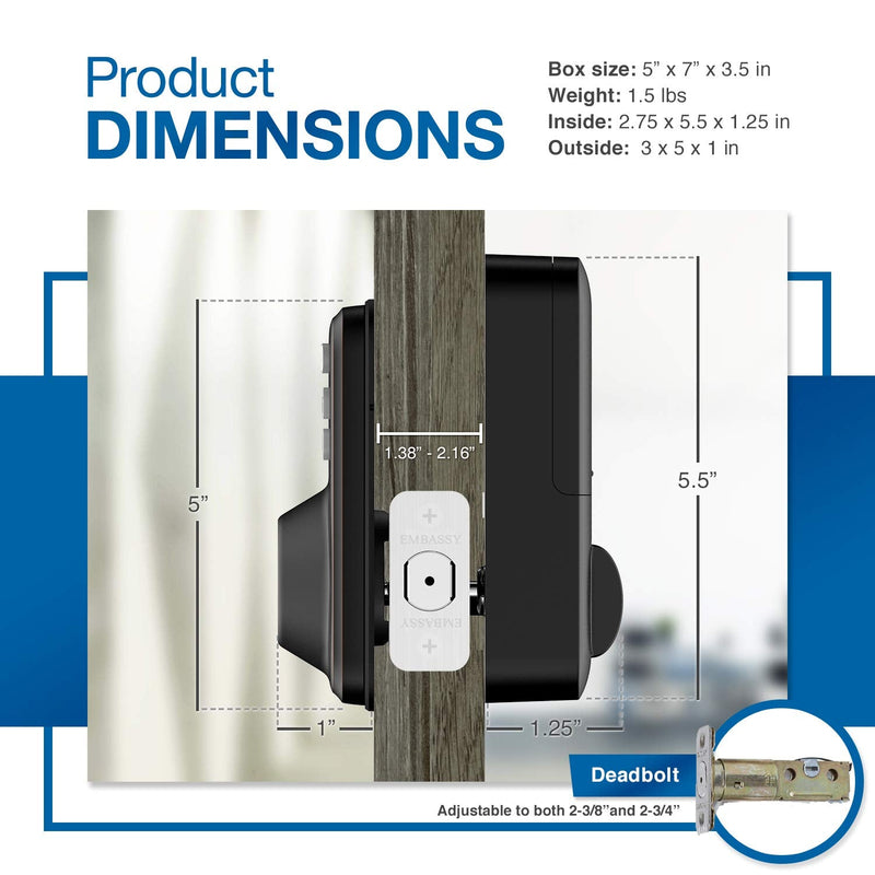 Embassy Door Lock Electronic Keyless Entry with Antimicrobial Illuminated Keypad Security Deadbolt Lock 20 User Codes Auto and 1-Button Locking Front Door Garage or Office (US10b) Oil Rubbed Bronze