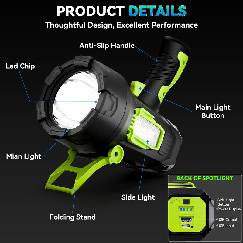 Rechargeable Spotlight，99,000 Lumens Super Bright LED SpotLights Flashlight, 10000ɱAh Spot Lights Long Runtime Waterproof ，Spot Light Outdoor Handheld with Cob Light & Foldable Tripod for Camping Green