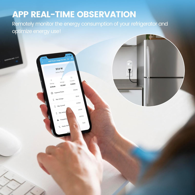 WiFi Electricity Usage Monitor, Plug-in Power Meter with Audible Alarm, Refrigerator Power Consumption Monitoring and Electricity Bill Statistics
